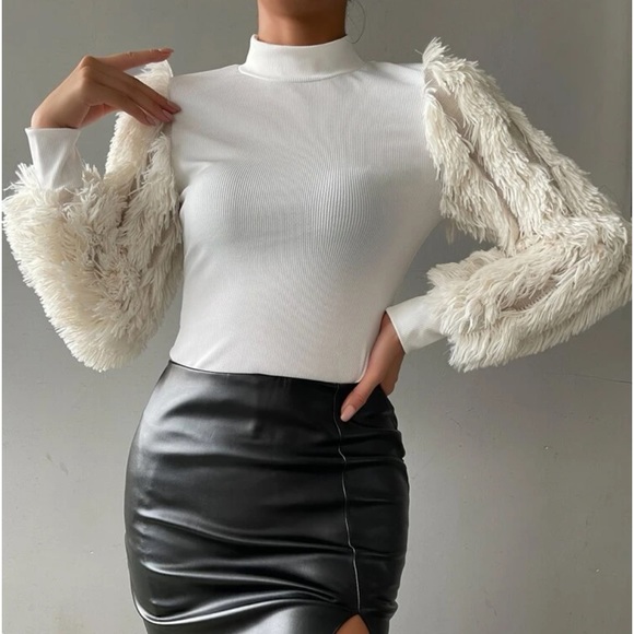 Cozy Faux Fur Fuzzy Long Puff Cuff Sleeve Mock Neck Top Blouse Shirt Black - Picture 16 of 16